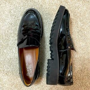Franco Sarto Black Patent Loafer.  White Stitch detailing. Barely worn. Size 9.5